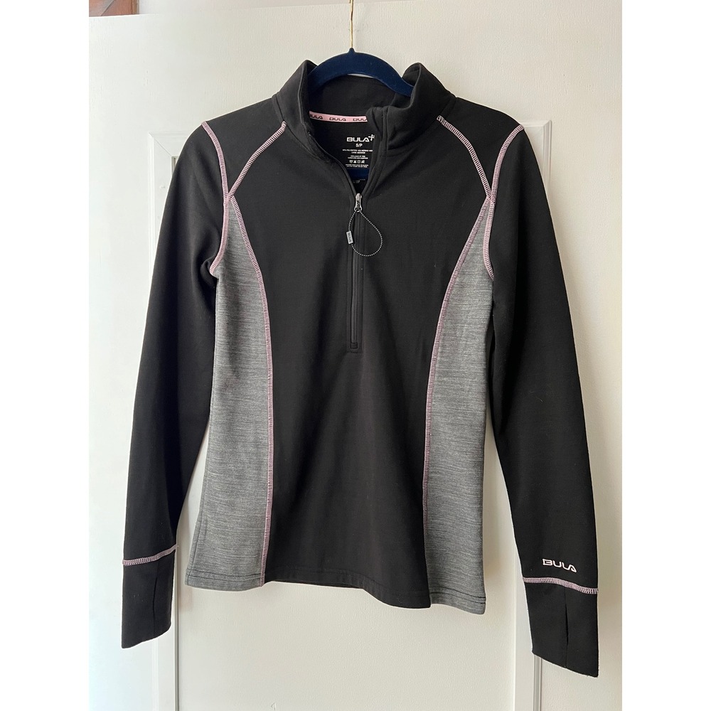 Bula Women Merino Wool Blend Quarter Zip Base Layer Top Black Gray Small 34x25